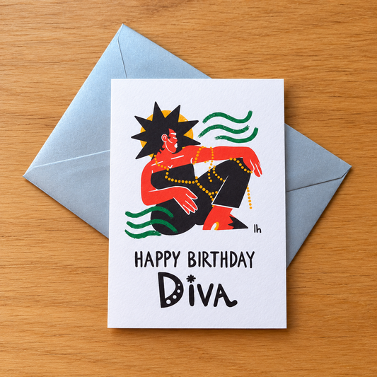 Happy Birthday Diva greeting card by Lo Harris, styled on a table