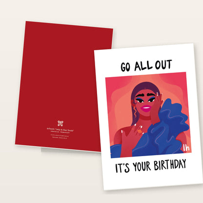 Front and back of the Go All Out greeting card