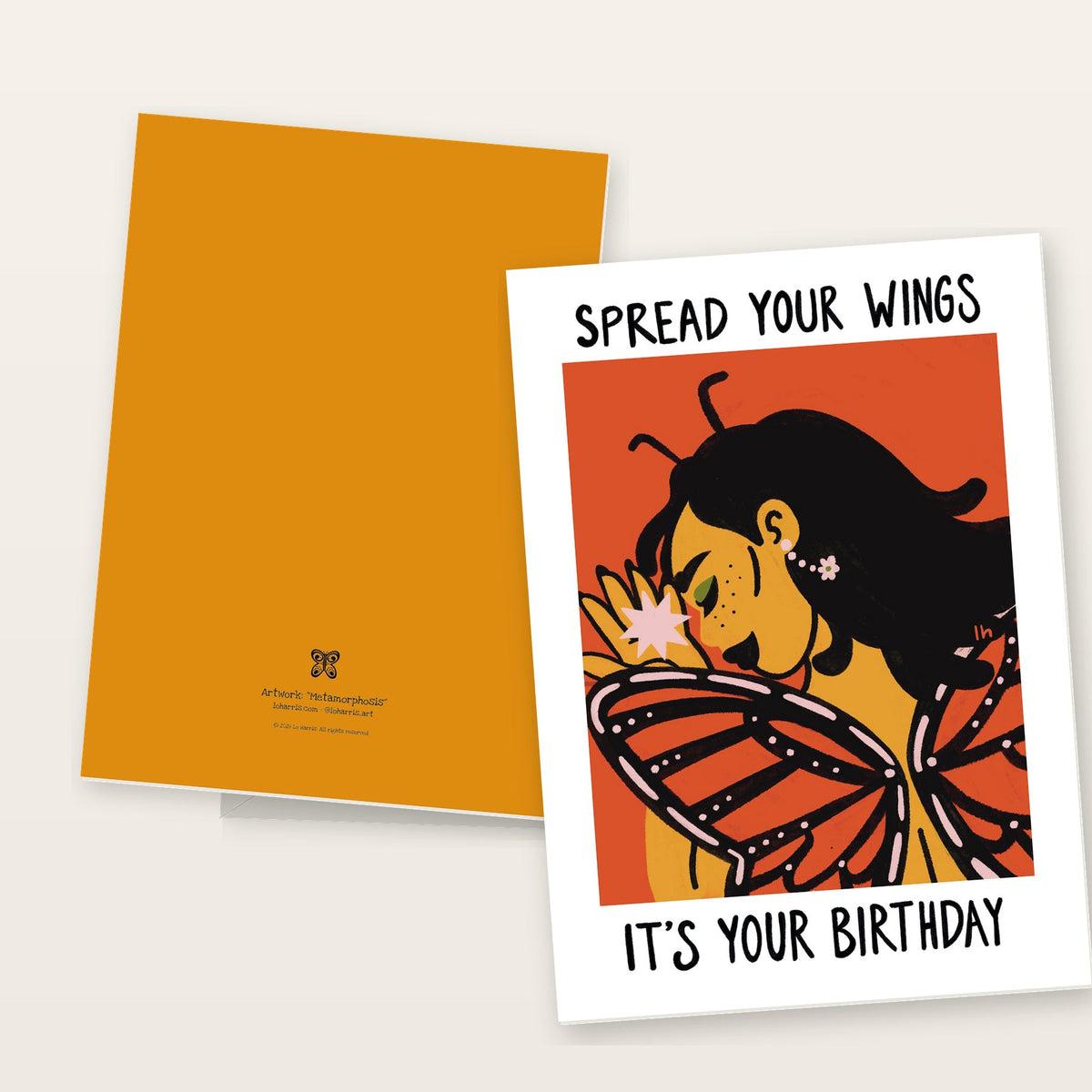 Front and back of the Spread Your Wings greeting card